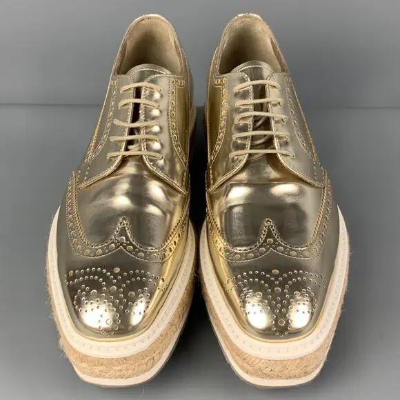 PRADA Size 6.5 Gold Leather Perforated Wingtip Lace Up Shoes - Picture 4 of 8